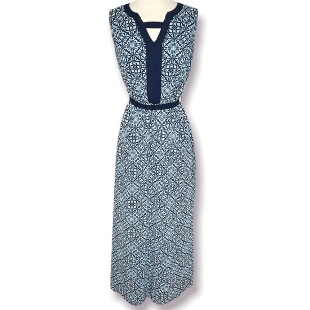 AB Studio Maxi Dress Blue Geometric Floral Pattern Belted Cutout Wrap Skirt